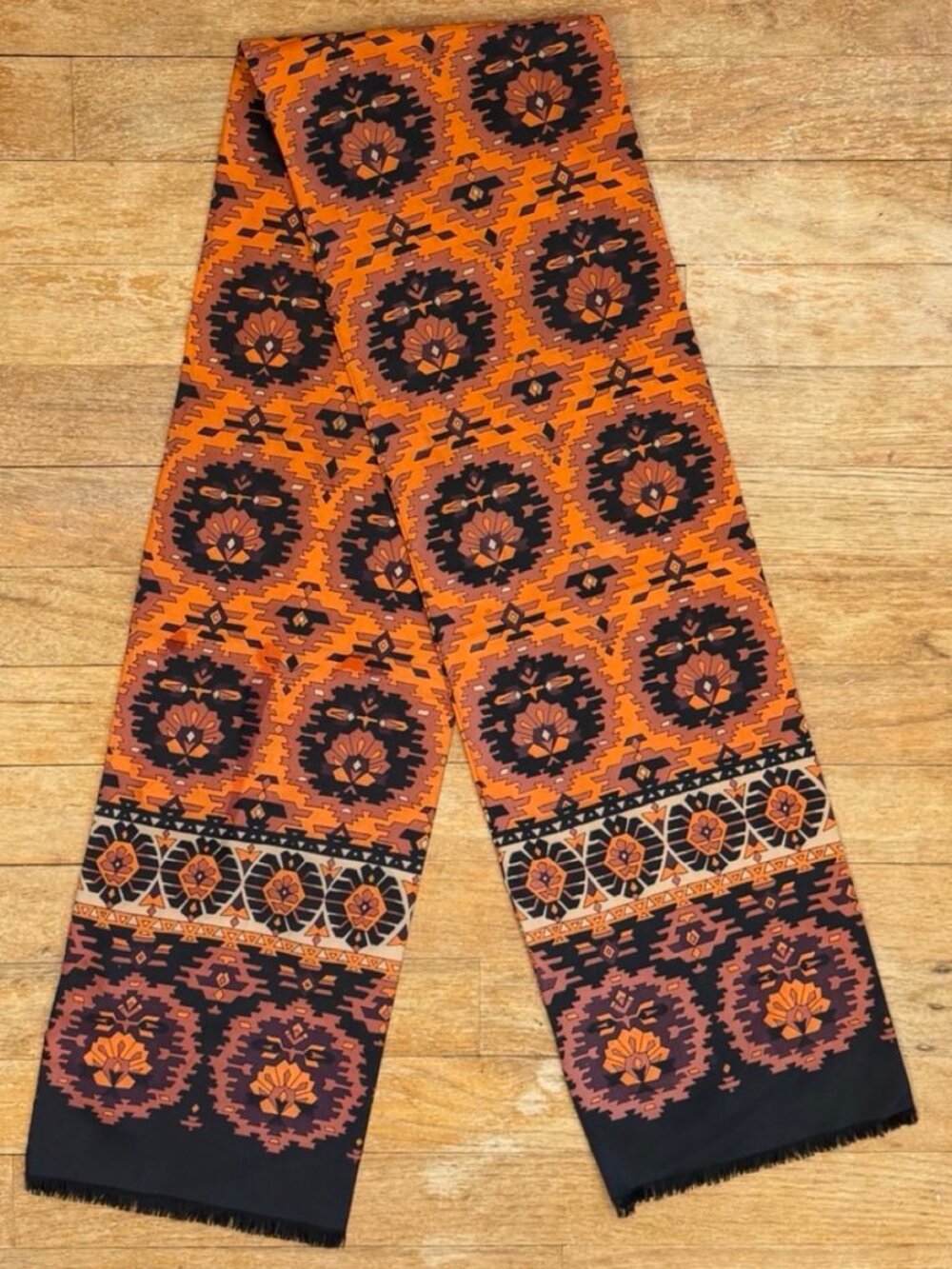 Lightweight oblong scarf with geometric print and fringe ends. Made in Italy. - Picture 1 of 3